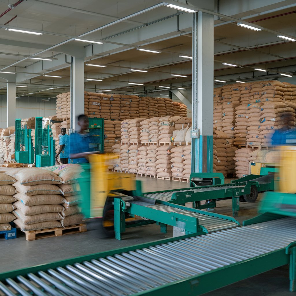 Intérieur d'un entrepôt logistique avec des palettes de sacs de cacao empilées.