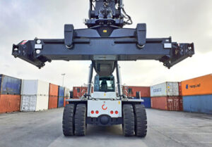 a large crane with large wheels