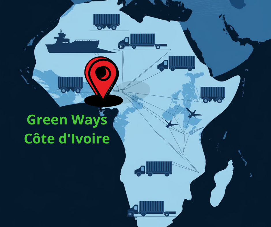 Carte de l'Afrique de l'Ouest illustrant l'expansion logistique de Green Ways avec des connexions vers plusieurs pays et des modes de transport variés.